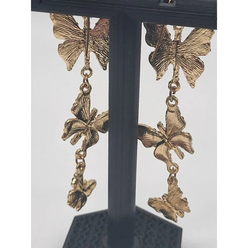 Butterfly Dangle Drop Cascade Earrings Red Rhinestone Gold Tone Whimsy Fairy
